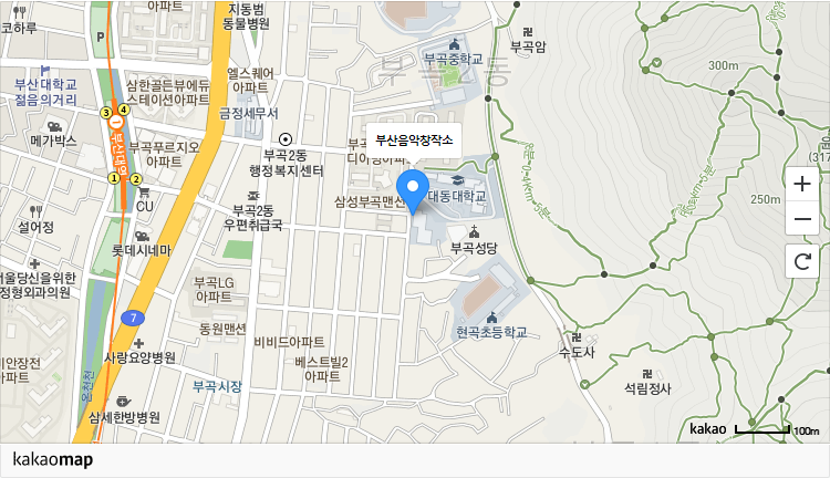 카카오맵에서 부산광역시 금정구 동부곡로 27번길 64, 대동대학교 한울관 지하1층 부산음악창작소 위치를 캡춰한 사진 위치는 위 내용참조 