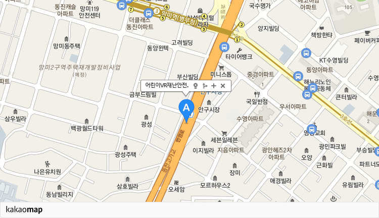 카카오맵에서 부산광역시 수영구 망미번영로 21-1 위치를 캡춰한 사진 위치는 위 내용참조 